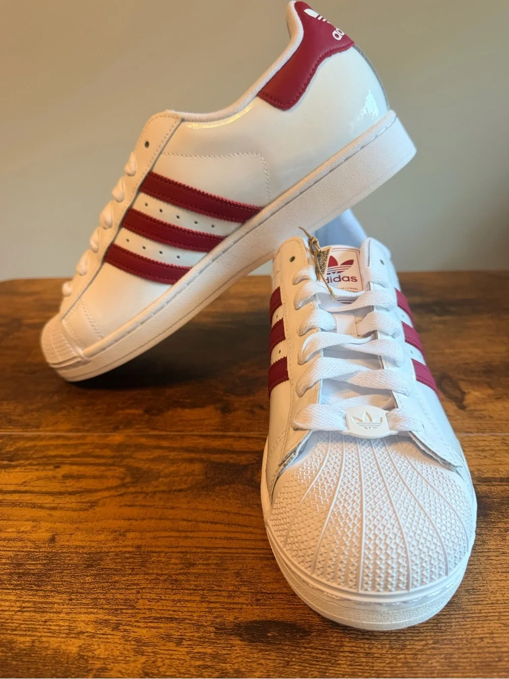 Adidas Men’s Superstar Leather Sneaker - White with Red Stripes 11M